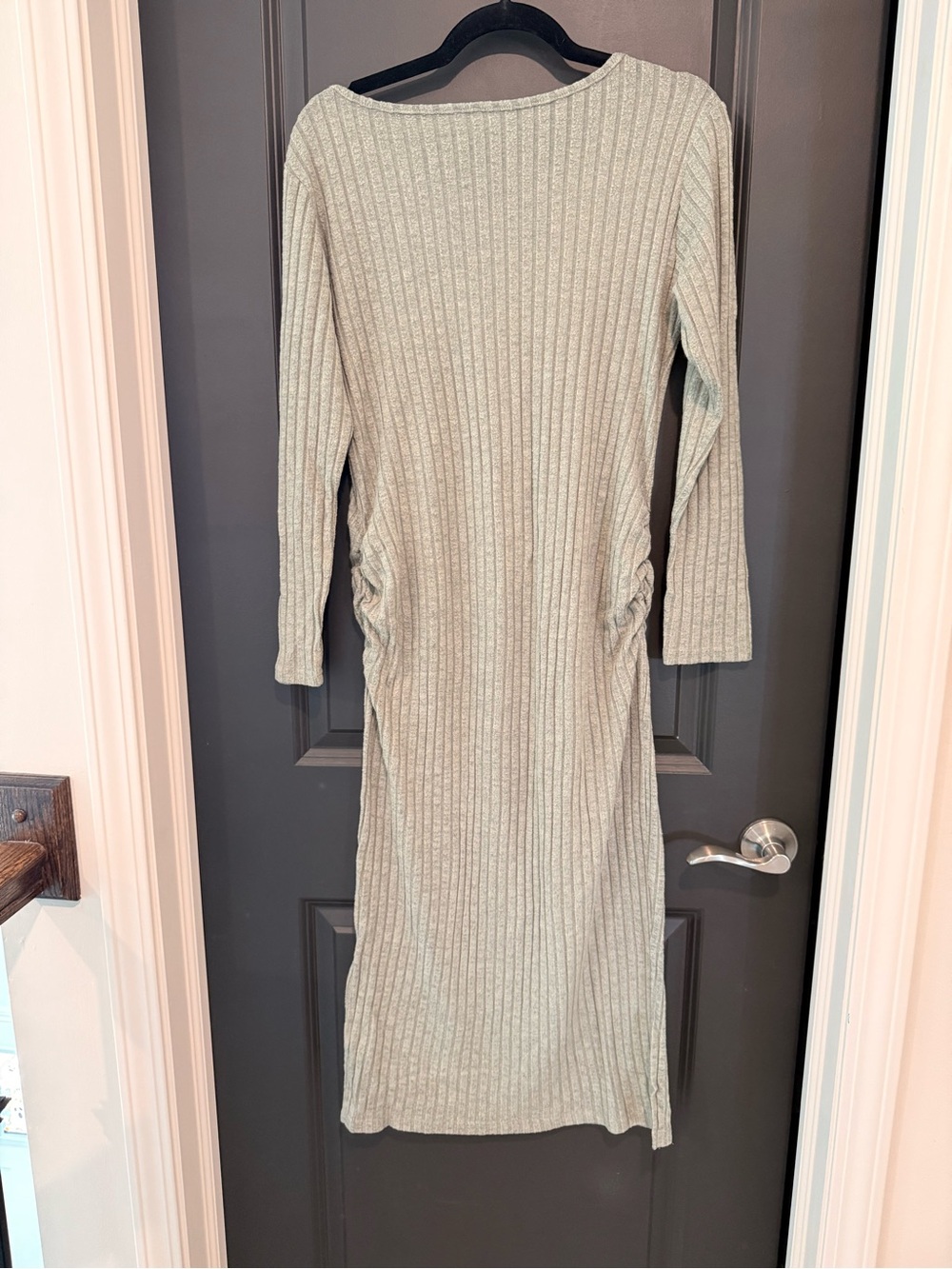 Maternity Ribbed V-Neck Long Sleeve Dress — Beige - Picture 4 of 4